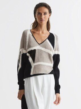 Reiss Geometric V-Neck Sweater in Black, Beige & White